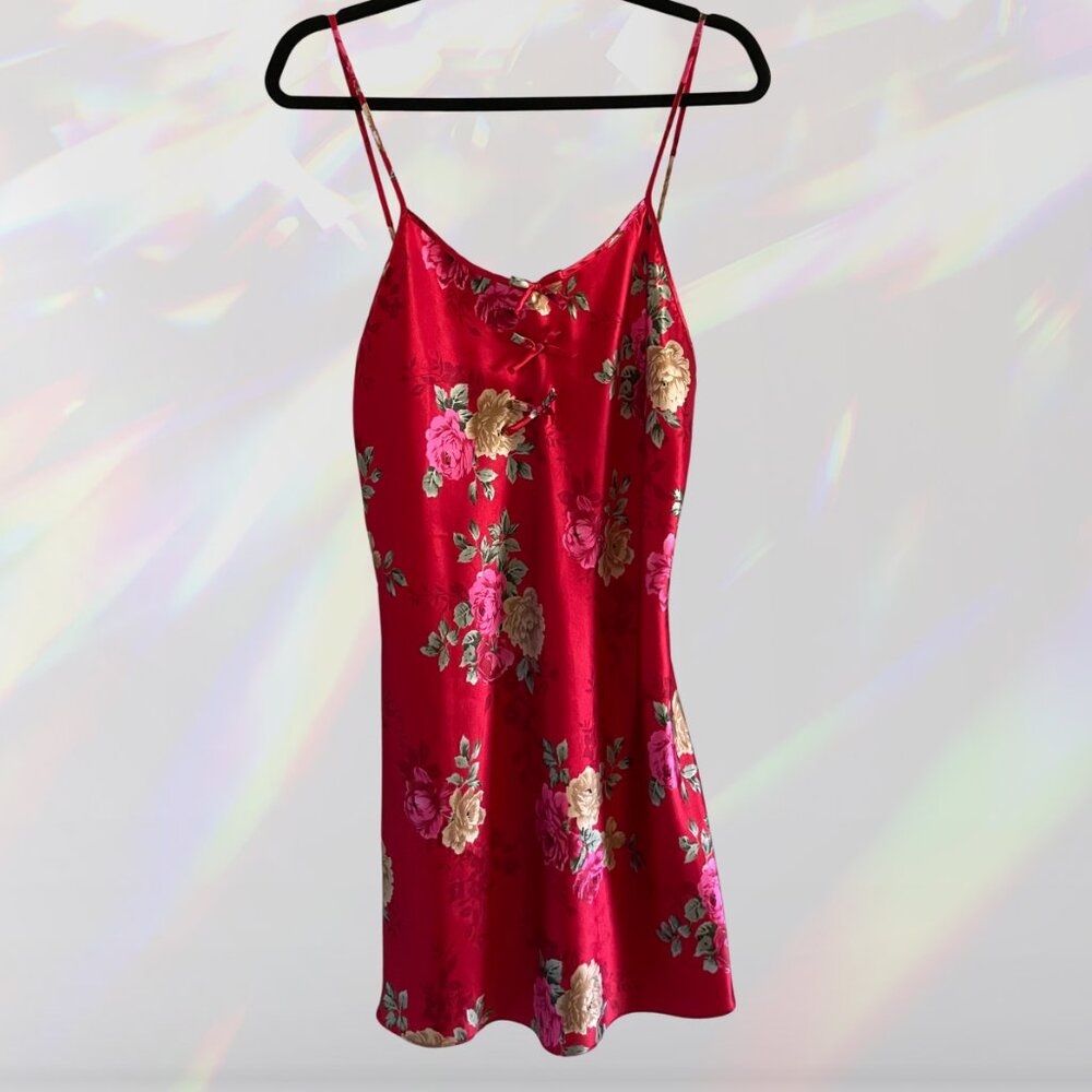 Retro Red Floral Slip Nightie with Bow Details